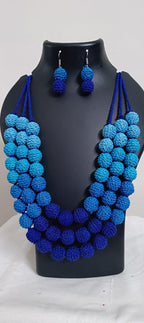 Exclusive 3 layered blue thread beads necklace set with matching earrings