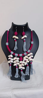 Exclusive pink n grey hasuli thread necklace set with shell fringes n matching earrings
