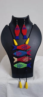 Multi colour crochet thread necklace with fish pendant and matching thread earrings