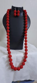 Exclusive red colour thread beads long necklace set with matching earrings