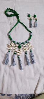 Exclusive green n grey hasuli thread necklace set with shell fringes n matching earrings