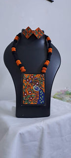 Handpainted fabric jewellery set with matching earrings