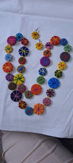 Exclusive multicoloured flat thread beads long necklace set with matching earrings (yellow)