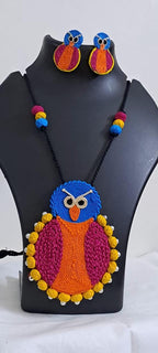 Handmade thread jewellery necklace set with owl pendant and matching earrings