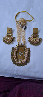 Exclusive Indian traditional golden fabric necklace with laural beads and kundan n matching earrings