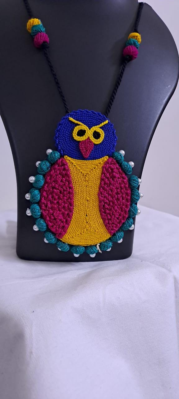 Handmade thread jewellery necklace set with owl pendant and matching earrings