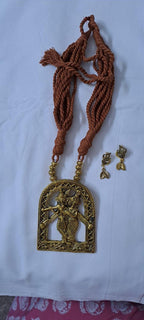 Radha Krishna golden oxidised pendant necklace in brown tread with matching earrings