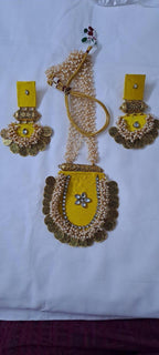 Exclusive Indian traditional yellow fabric necklace with laural beads and kundan n matching earrings