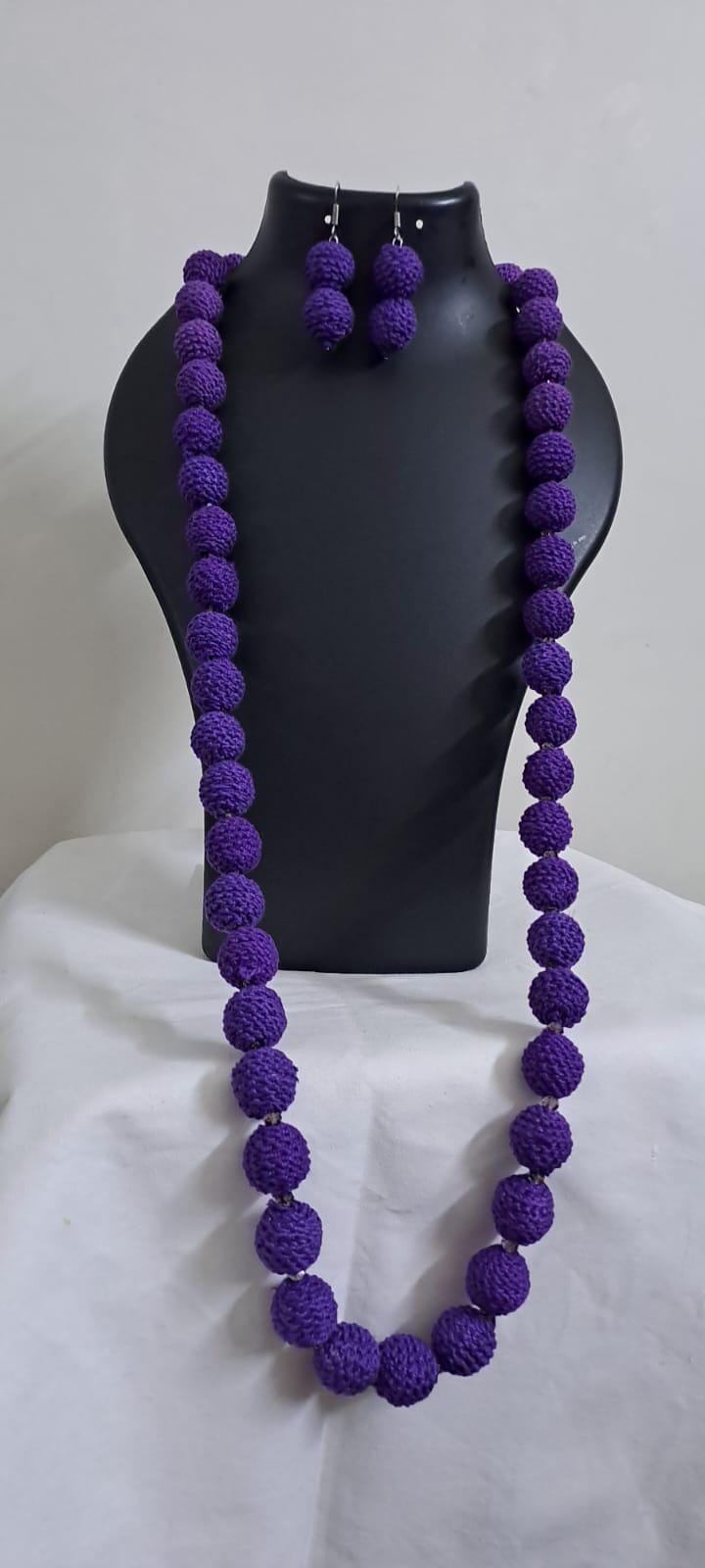 Exclusive purple colour thread beads long necklace set with matching earrings