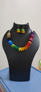 Exclusive multi coloured crochet necklace with colouful matching earrings.