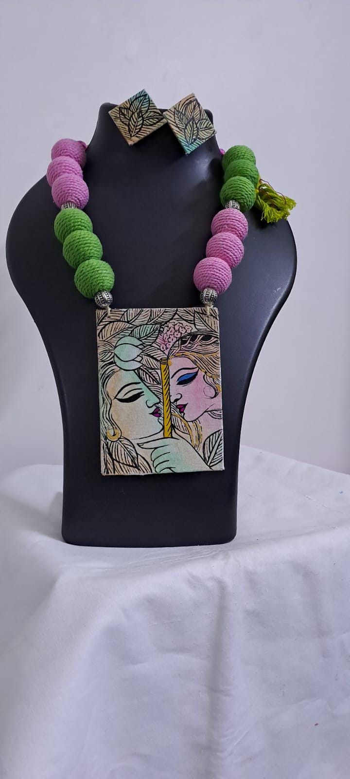 Handpainted fabric necklace set with earrings