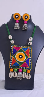 Hand embroidered Kutch Pattern fabric necklace set with matching earrings