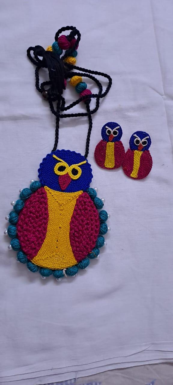 Handmade thread jewellery necklace set with owl pendant and matching earrings