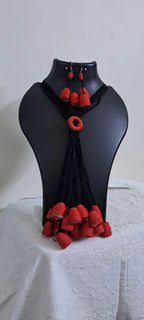 Red thread necklace with multiple thread aparajita flower fringes n matching earrings