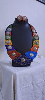 Exclusive  necklace set with multiple thread n  silver oxidised pendants n matching earrings