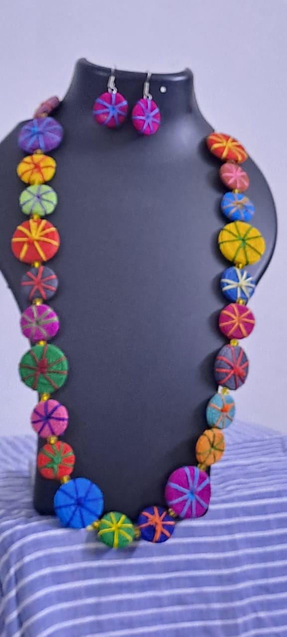 Exclusive multicoloured flat thread beads long necklace set with matching earrings (pink)