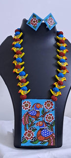 Handpainted fabric necklace set with earrings