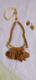 Golden brown Crochet thread necklace set with leaf fringes and matching earrings