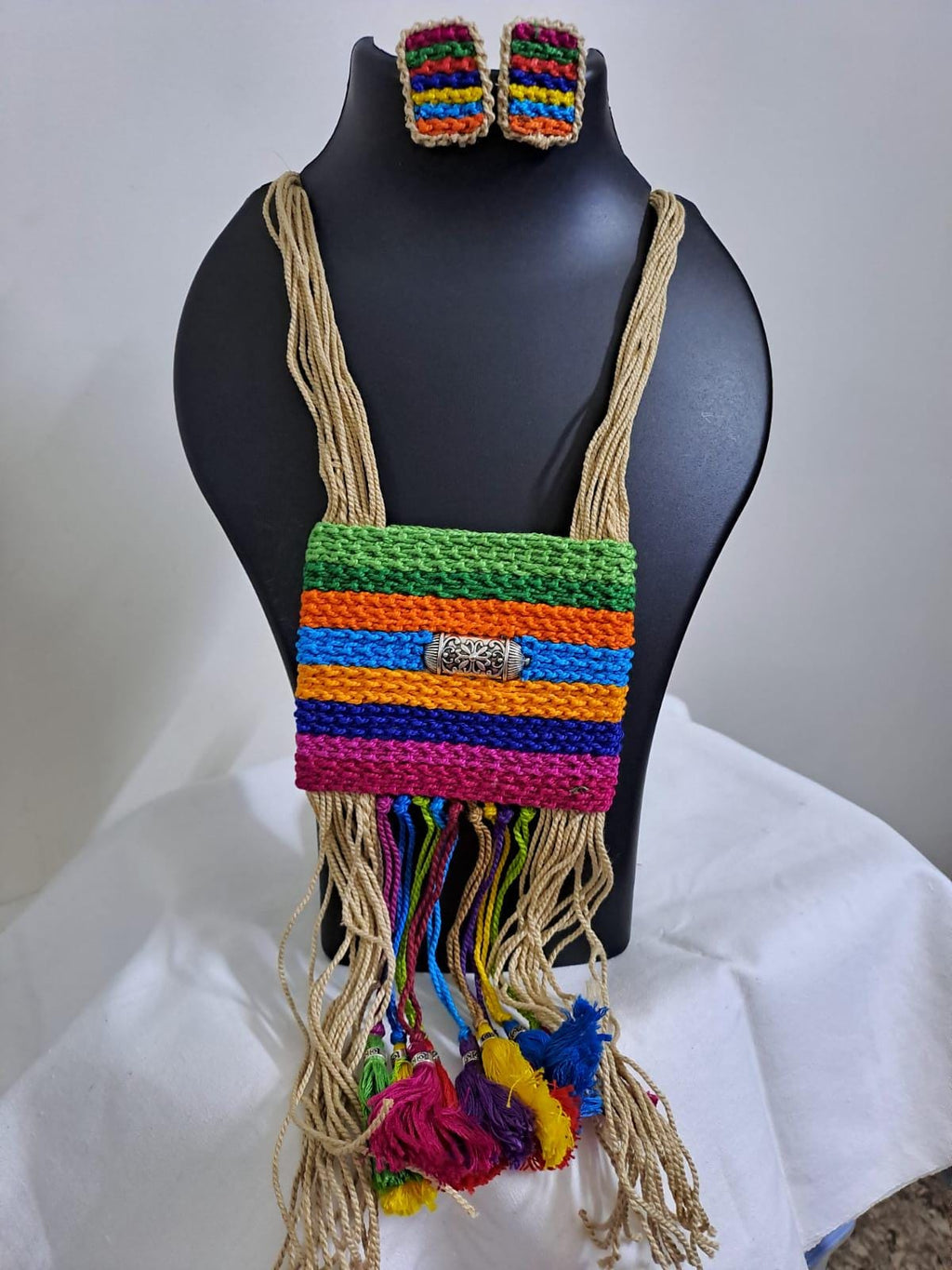 Multi colour crochet thread necklace with thread danglers and matching thread earrings