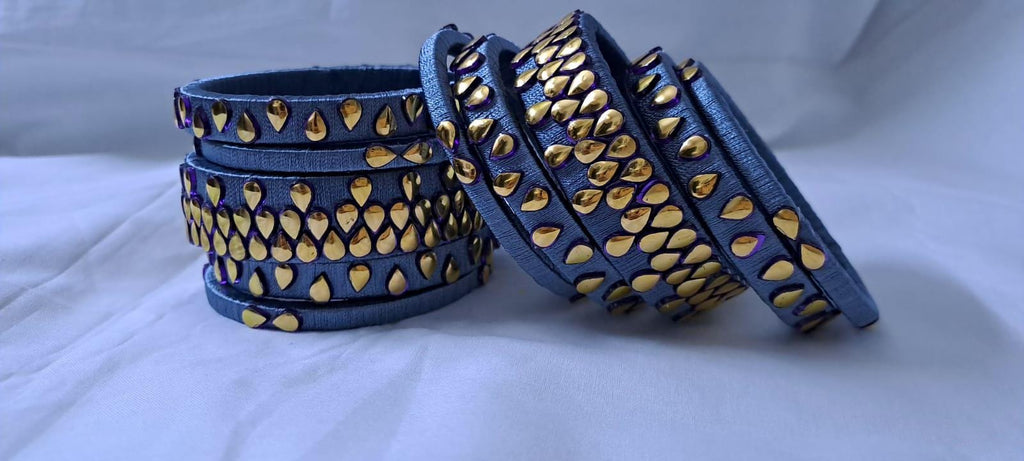 Grey colour traditional thread kundan bangles with zari bangle box