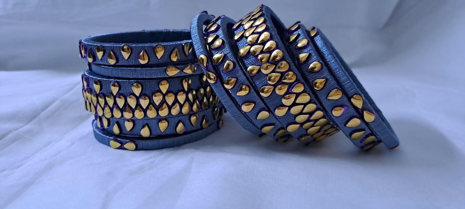 Grey colour traditional thread kundan bangles with zari bangle box