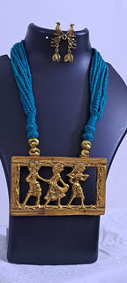 Sea green thread necklace set with dokra pendant n matching earrings
