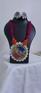 Handpainted fabric jewellery set with matching earrings