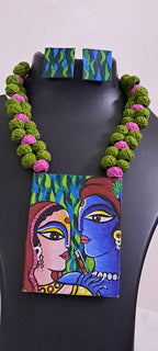Handpainted fabric jewellery set with matching earrings