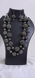 Exclusive silver oxidised long chain set with matching earrings