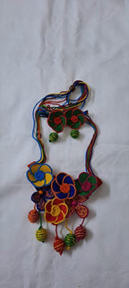 Multi colour flower thread necklace with thread bead fringes and matching earrings