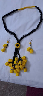 Yellow thread necklace with multiple thread aparajita flower fringes n matching earrings