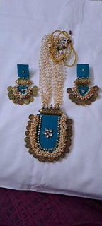 Exclusive Indian traditional blue fabric necklace with laural beads and kundan n matching earrings