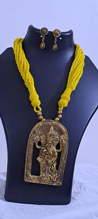 Yellow thread necklace with golden oxidised ganesha pendant