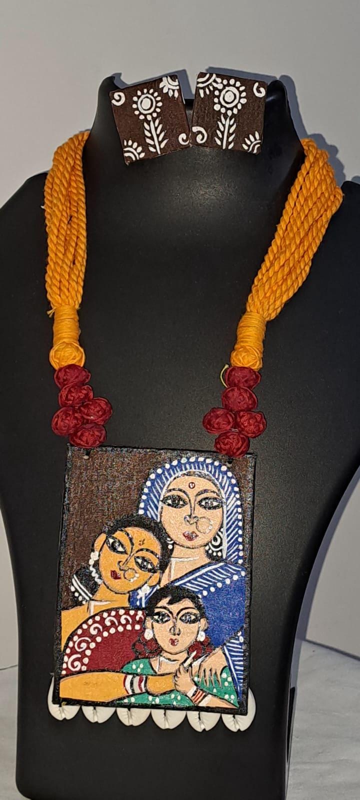 Handpainted fabric necklace set with earrings