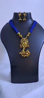 Blue thread necklace with Golden oxidised traditional pendant