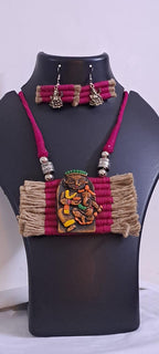 Terracotta Ganesha & Parvati pendant jute necklace set with matching earrings