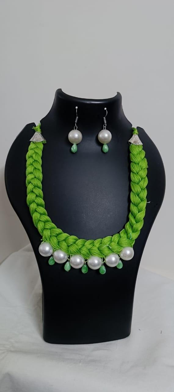 Green  braided thread necklace with pearl n pearl danglers