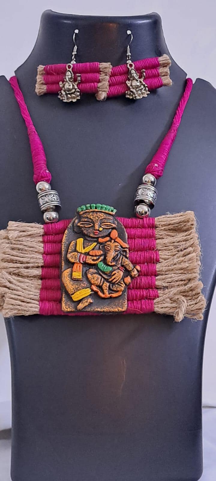 Terracotta Ganesha & Parvati pendant jute necklace set with matching earrings