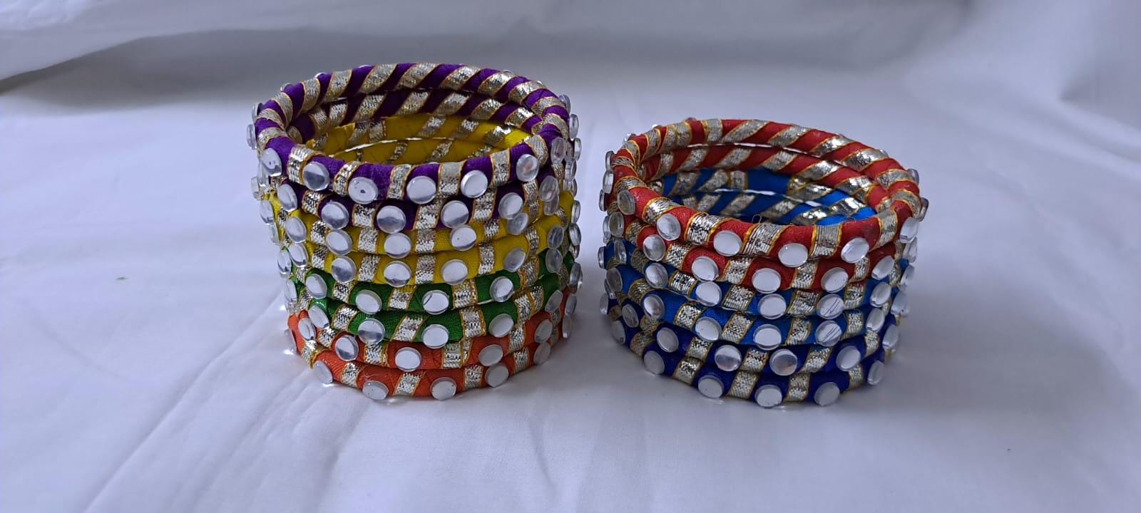 Multi colour traditional zari thread bangles with kundan (set of 14 bangles)