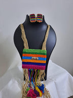Multi colour crochet thread necklace with thread danglers and matching thread earrings