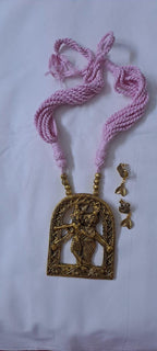 Radha Krishna golden oxidised pendant necklace in pink tread with matching earrings