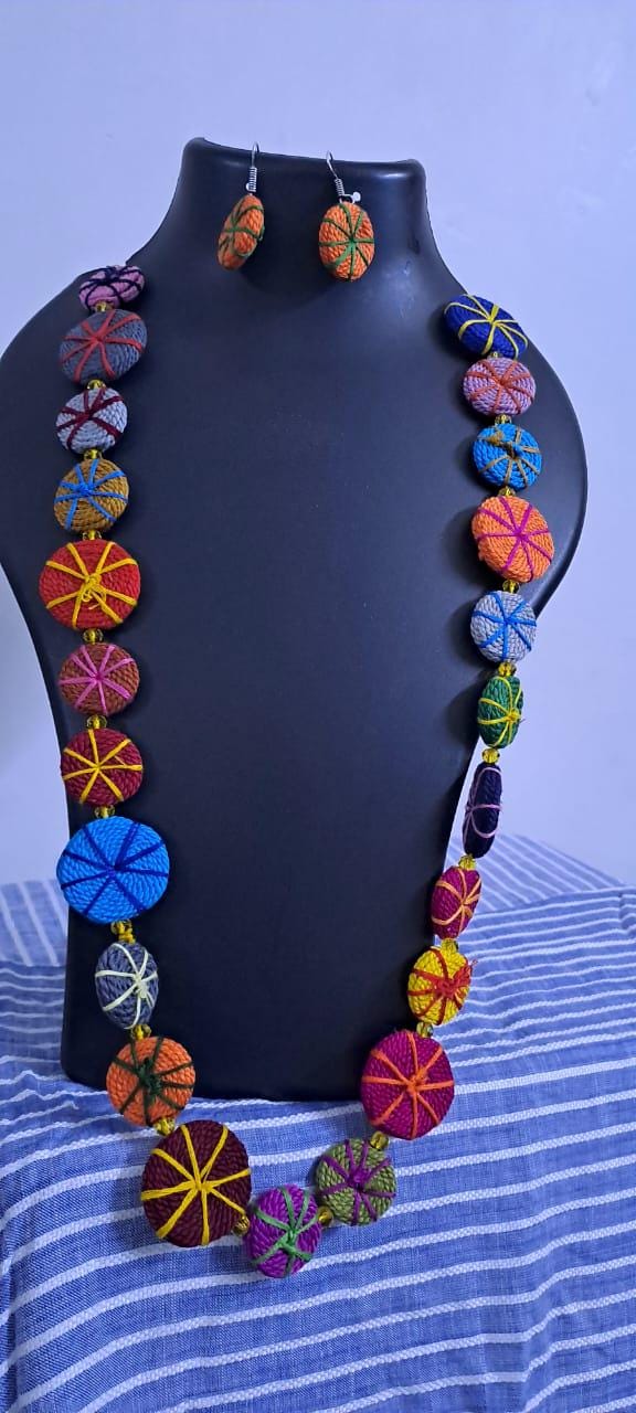 Exclusive multicoloured flat thread beads long necklace set with matching earrings (orange)
