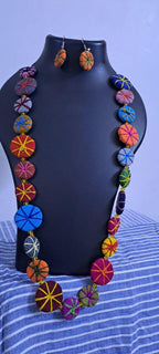 Exclusive multicoloured flat thread beads long necklace set with matching earrings (orange)