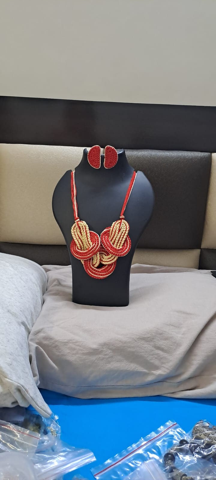 Celtic knot thread necklace with matching thread earrings.