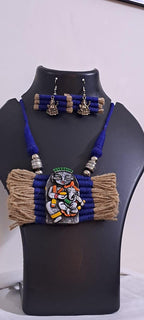 Terracotta Ganesha & Parvati pendant jute necklace set with matching earrings