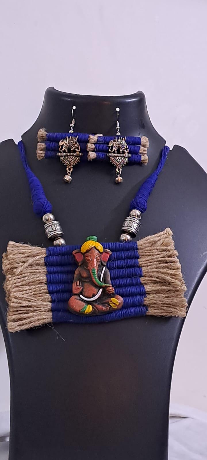 Terracotta Ganesha pendant jute necklace set with matching earrings