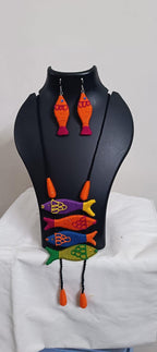 Multi colour crochet thread necklace with fish pendant and matching thread earrings