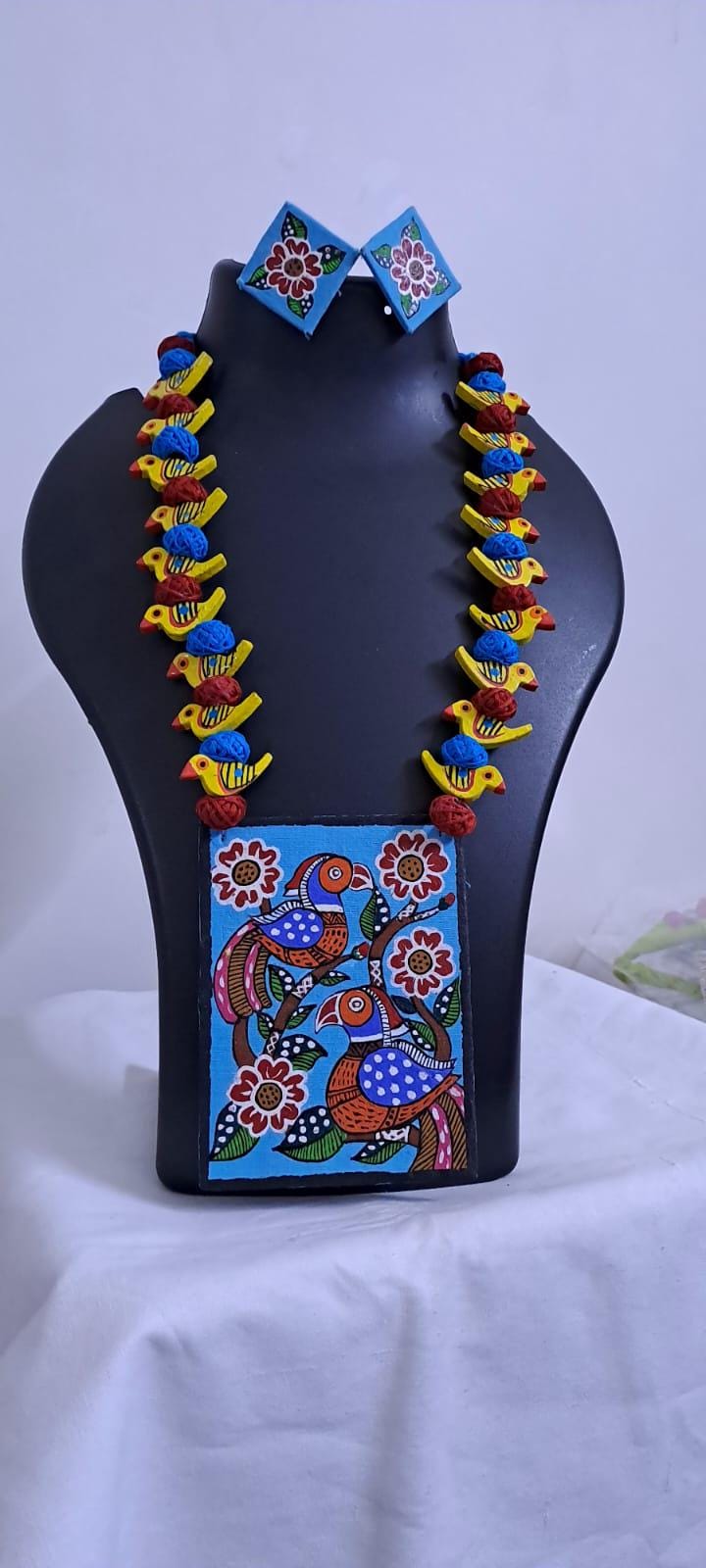 Handpainted fabric necklace set with earrings