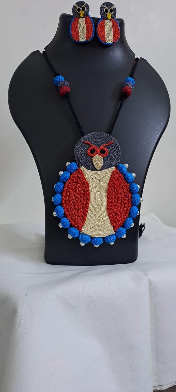 Handmade thread jewellery necklace set with owl pendant and matching earrings