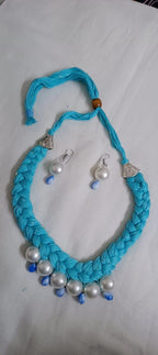Blue  braided thread necklace with pearl n pearl danglers